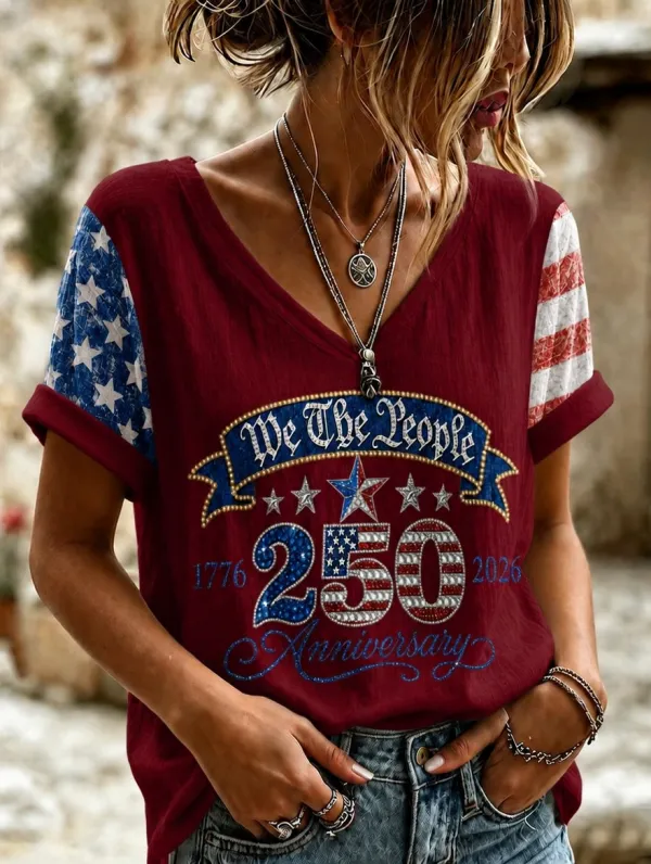 Women'S Retro Independence Day Printed Casual Short Sleeved T-Shirt