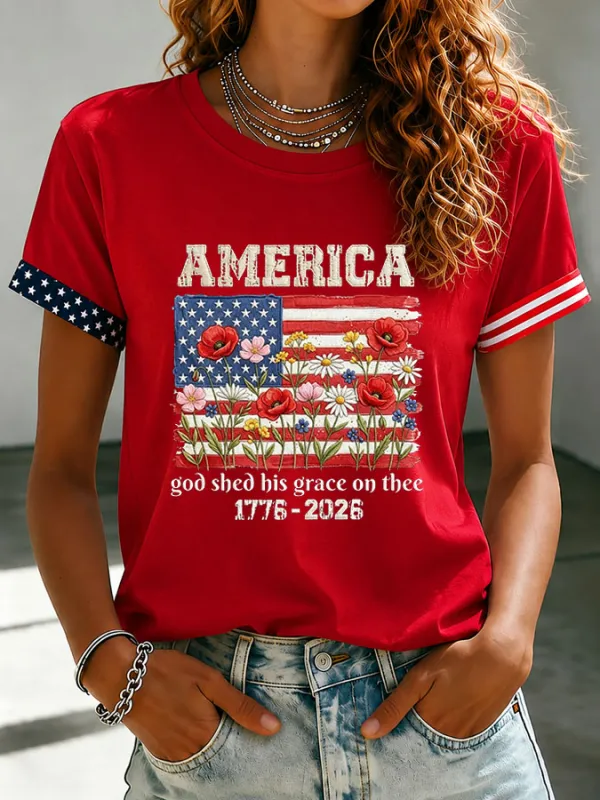 Women's Floral American Flag Printed Casual T-shirt