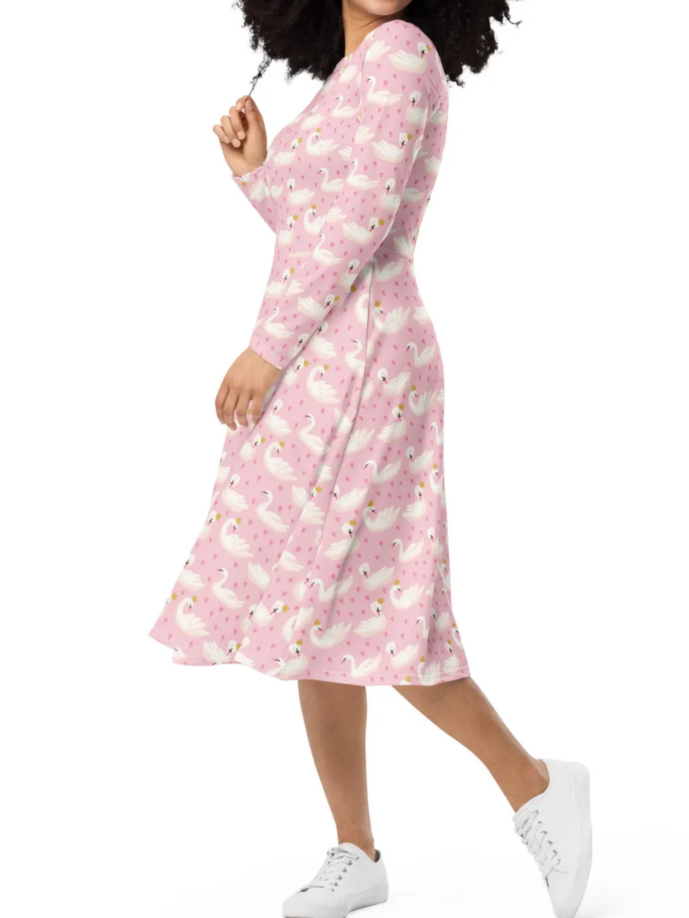Swan Print Long Sleeve Midi Dress
