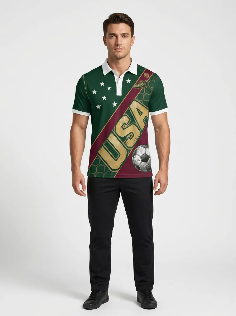 Men's USA Soccer Fan Stars and Ball Printed Polo Shirt