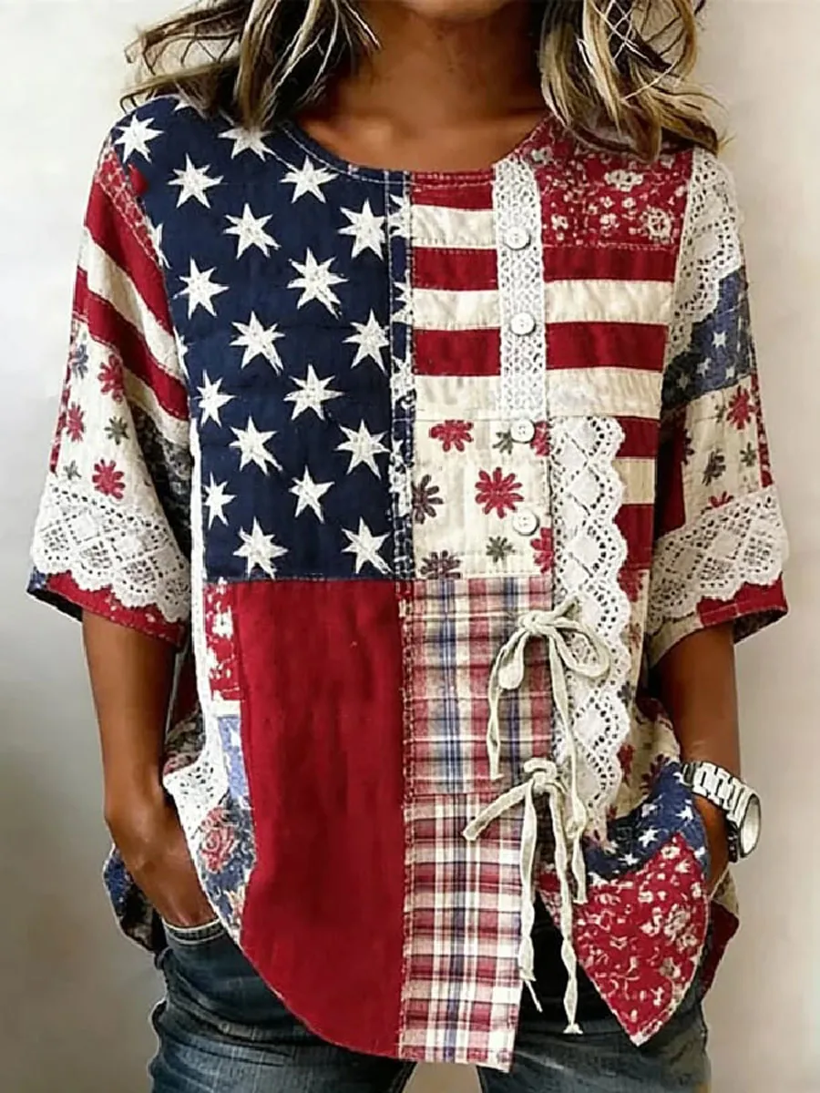 Women's Cotton Linen USA 250th Anniversary Print Shirt