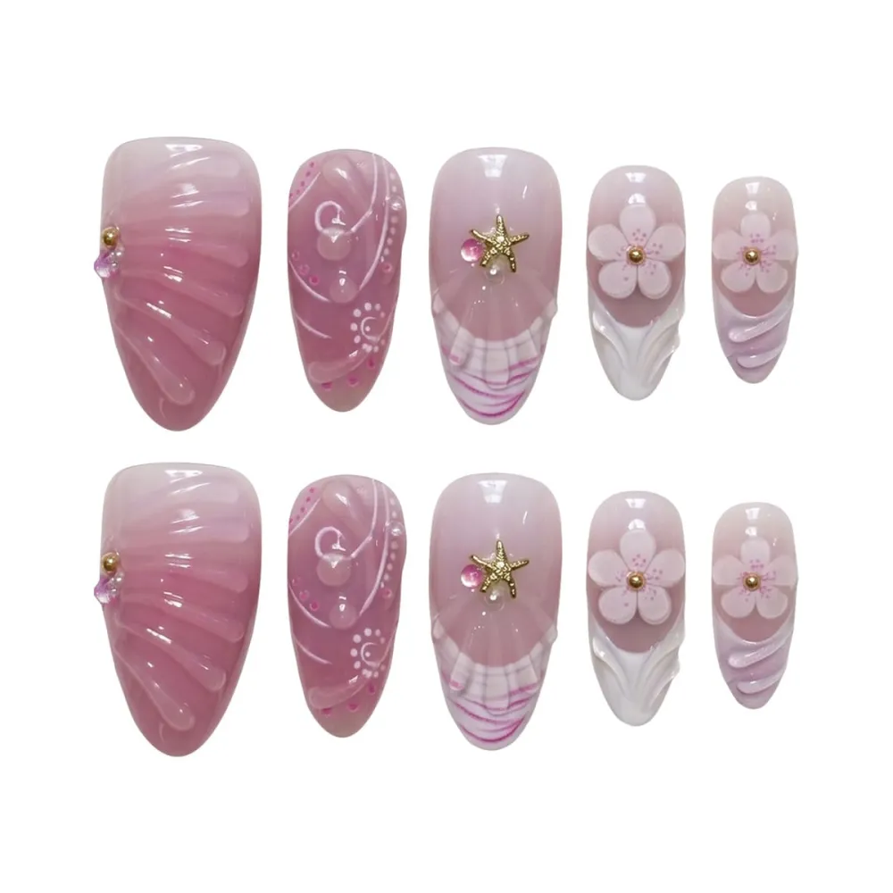 Nailhour 30Pcs Gradient Wave Pattern Medium Almond French Press On Nails