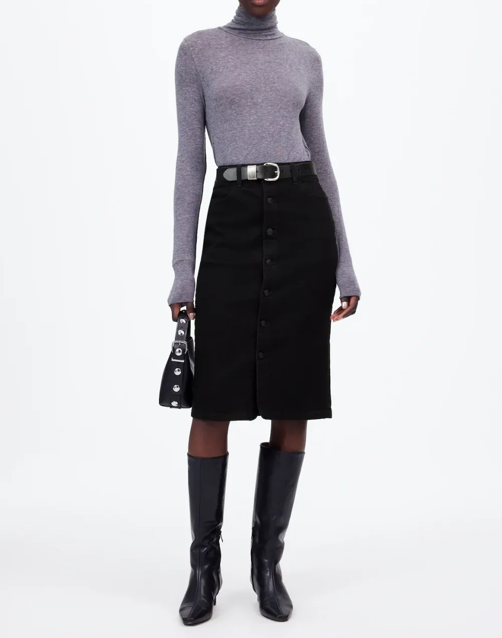 Black Button-Front Denim Midi Skirts