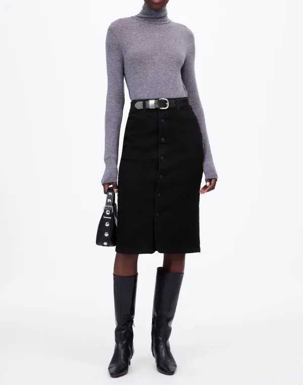 Black Button-Front Denim Midi Skirts