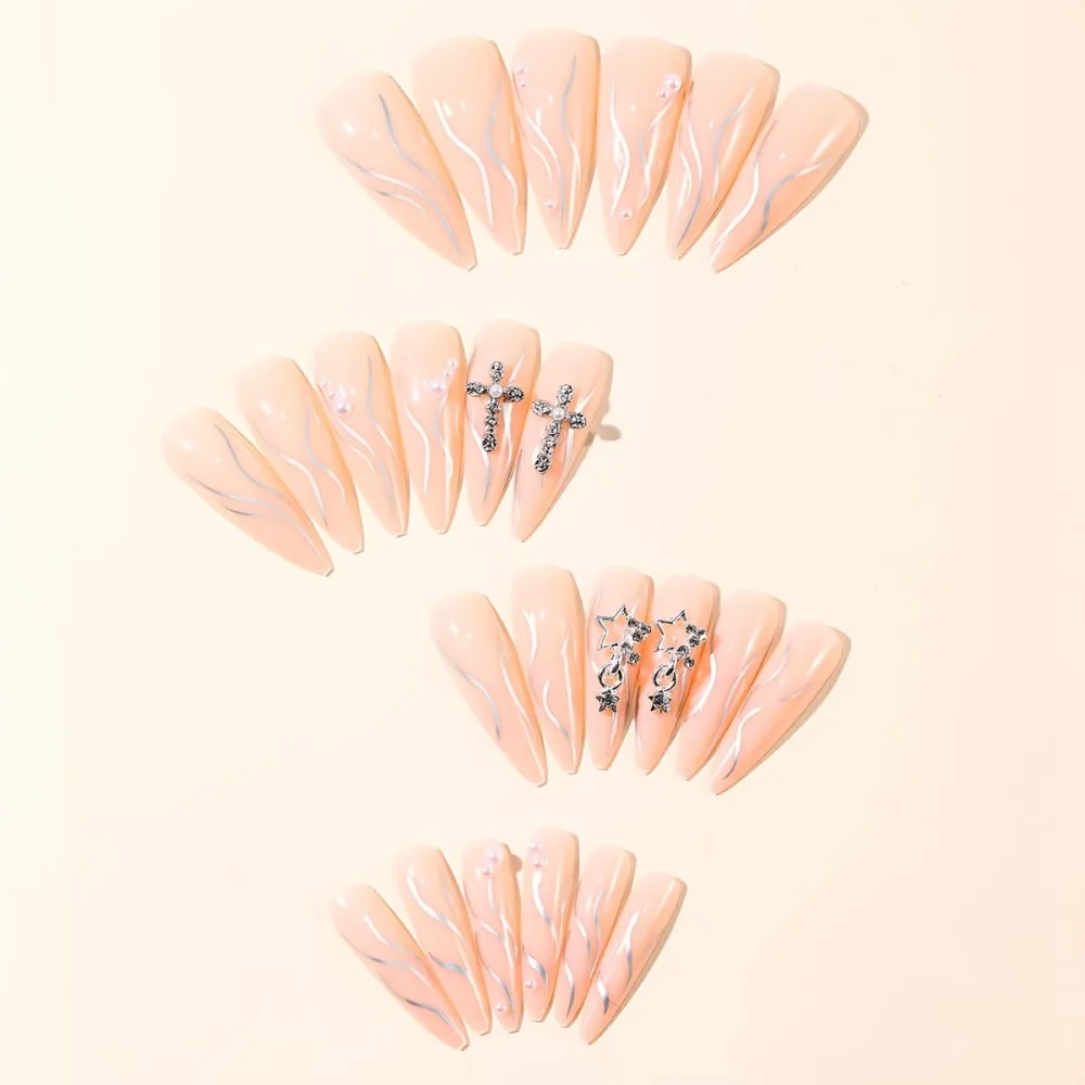 Nailhour 24Pcs Minimalist French Gilded Long Almond Press On Nails