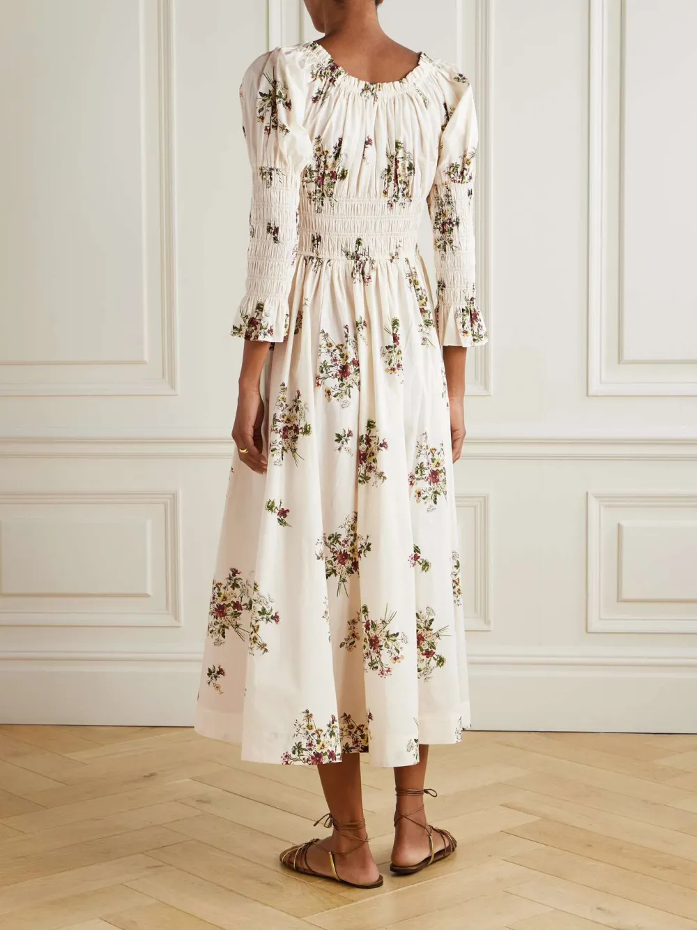 Smocked Print Midi Dress