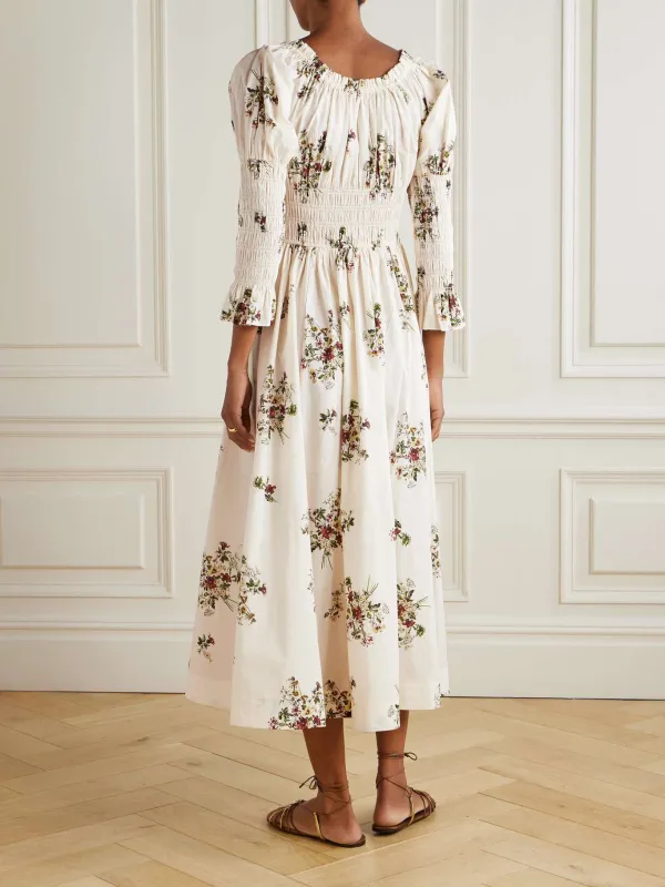 Smocked Print Midi Dress