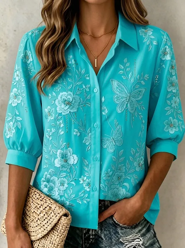 Women's Breast Cancer Awareness Butterfly Floral Embroidered Button-up Shirt