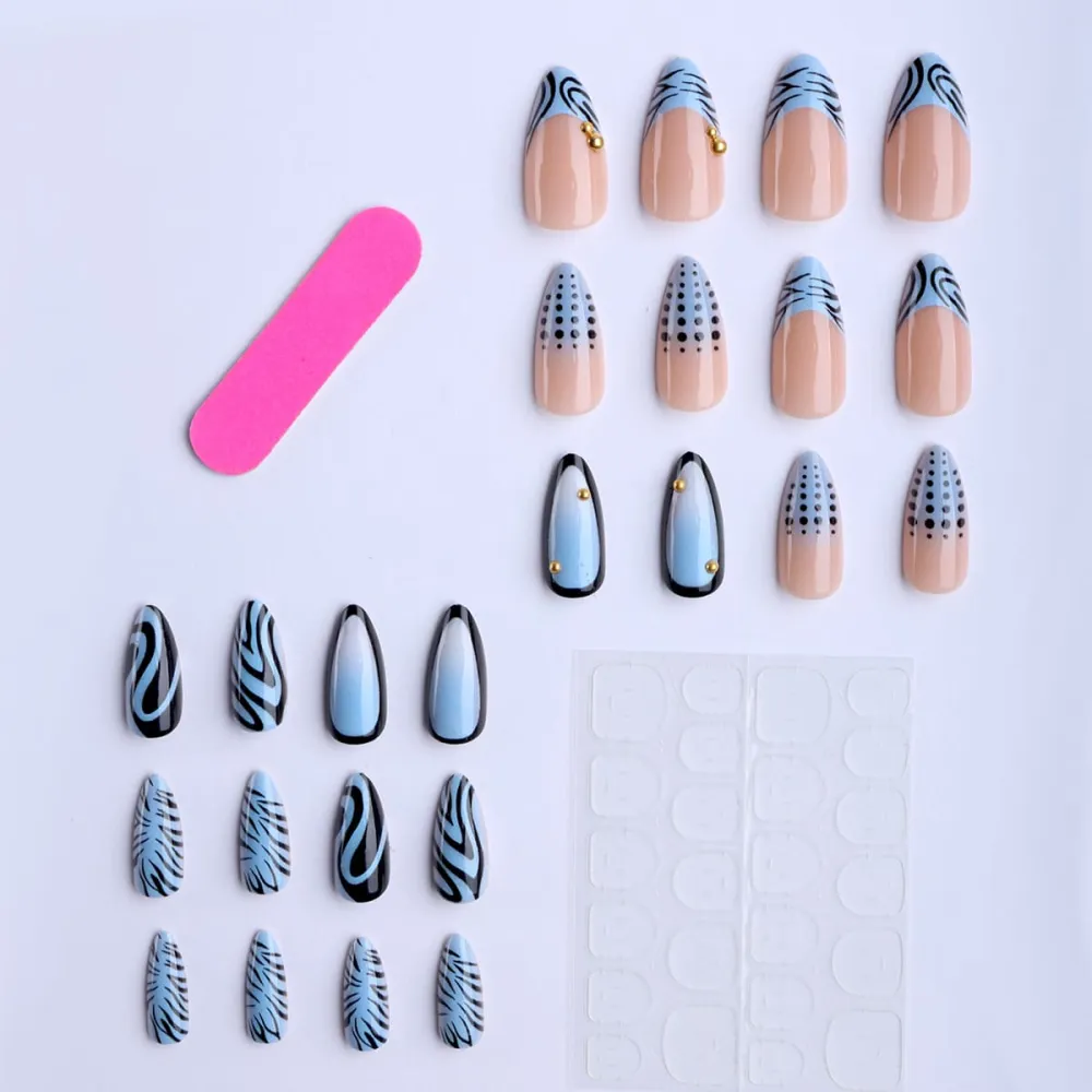 Nailhour 24Pcs Blue Gilded French 3D Medium Almond Press On Nails