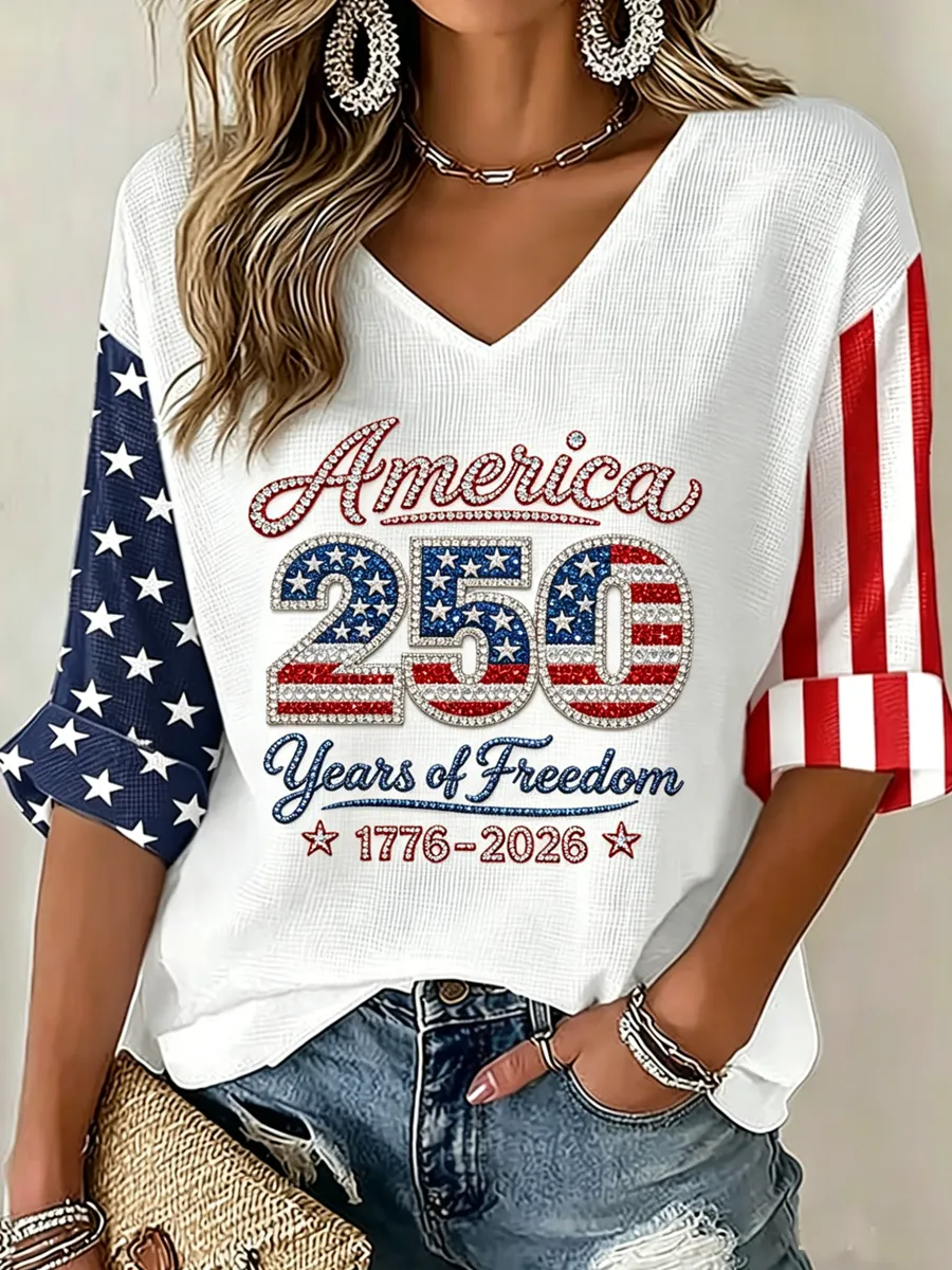 Women's USA 250 Years One Nation Under God Print V Neck Top