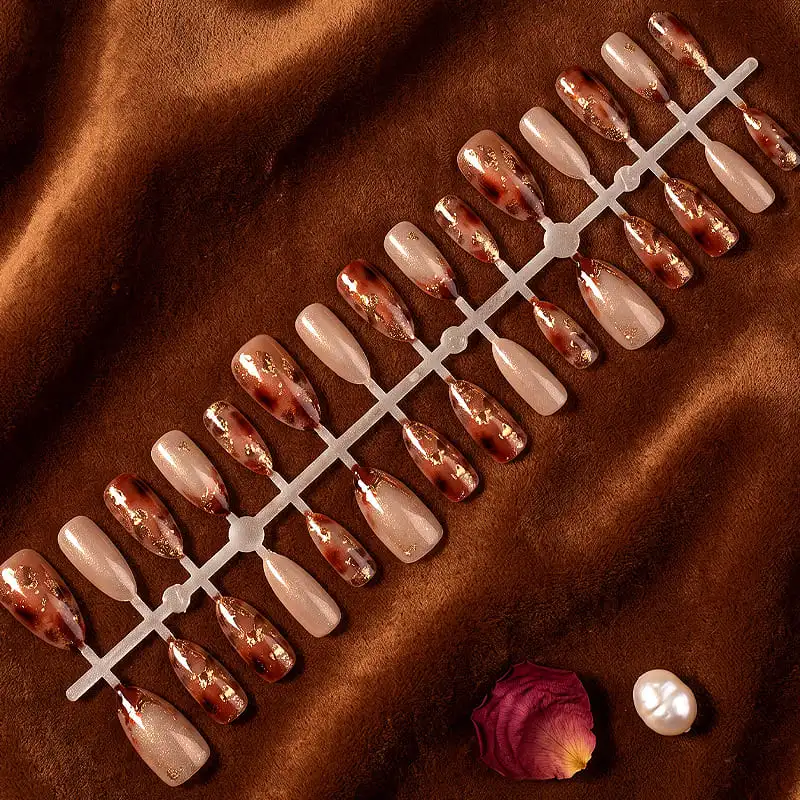 Nailhour 30Pcs Vintage Amber Medium Almond French Press On Nails