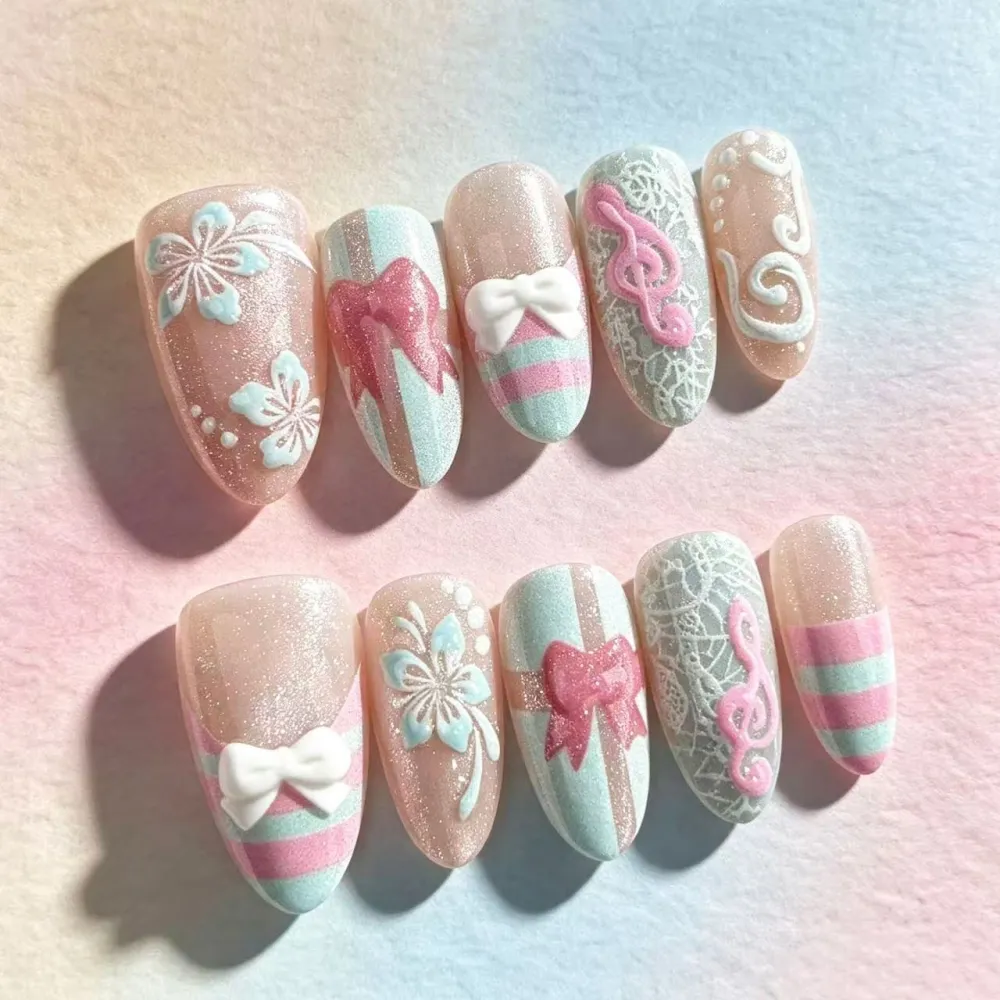 Nailhour 30Pcs Pink Strips 3D Medium Almond French Press On Nails