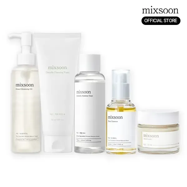 [mixsoon] Glass Skin Essential Skincare Routine SetㅣBean Cleansing Oil + Centella Cleansing Foam + Centella Asiatica Toner + Bean Essence + Bean Cream