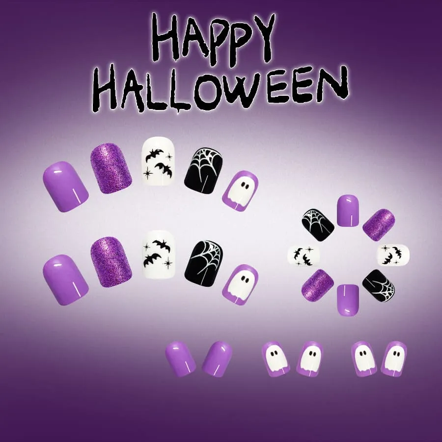 Nailhour 24Pcs Spider Web Skeleton Glossy Halloween Short Squoval Press On Nails