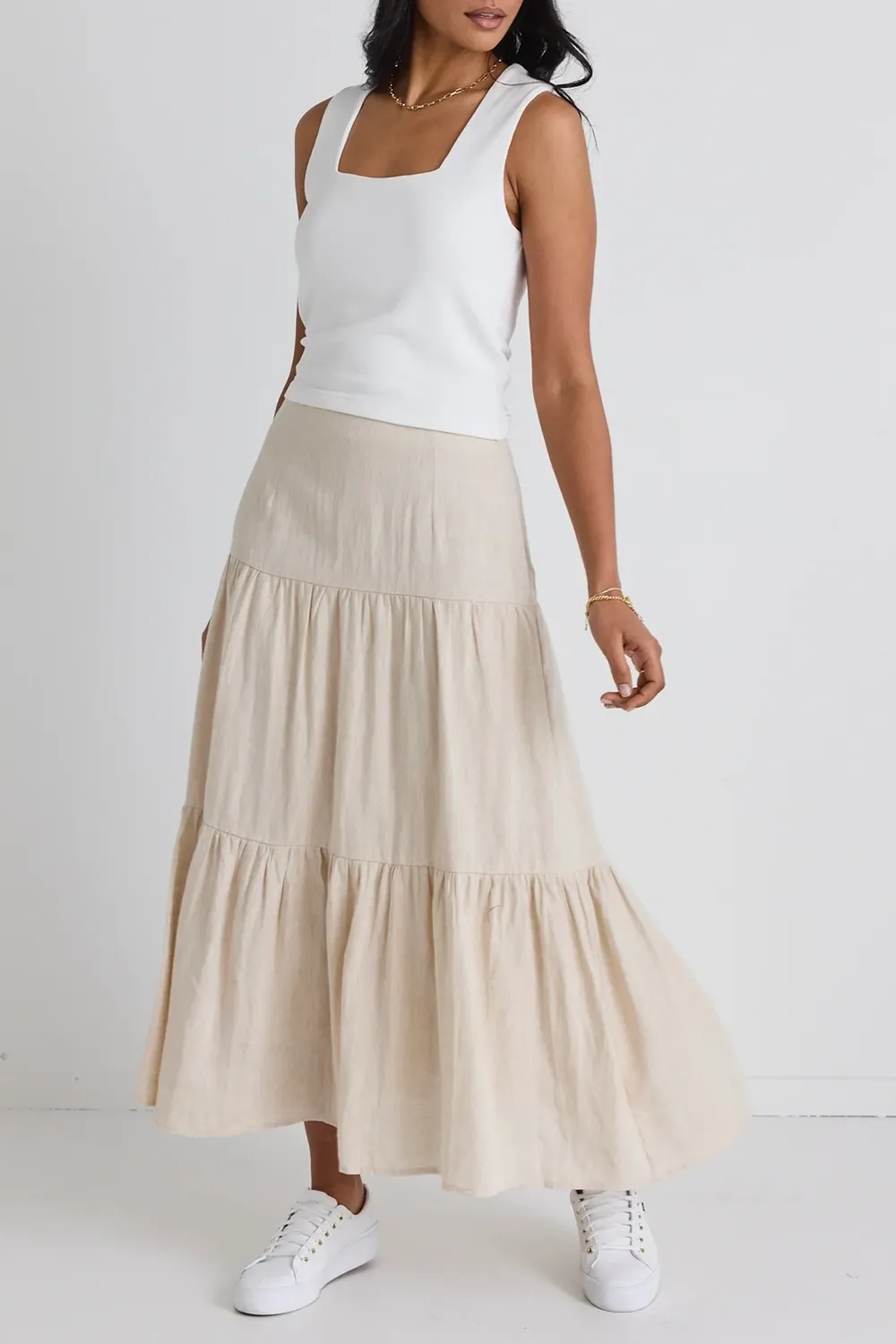 Sand Tiered Linen Midi Skirt