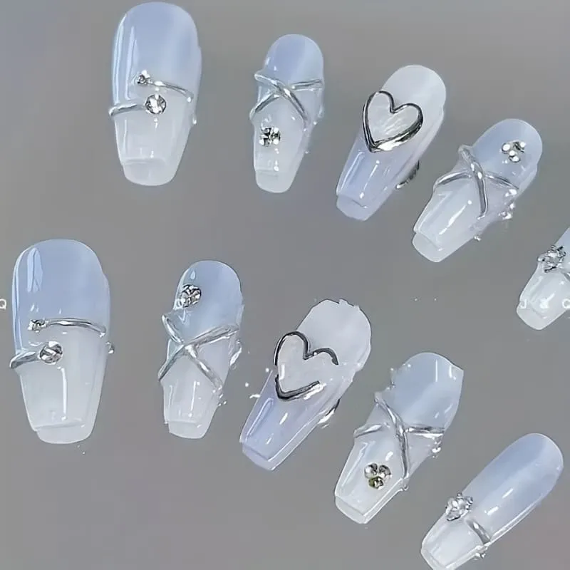 Nailhour 10Pcs Date Gradient 3D Gilded  Blue Long Coffin Press On Nails