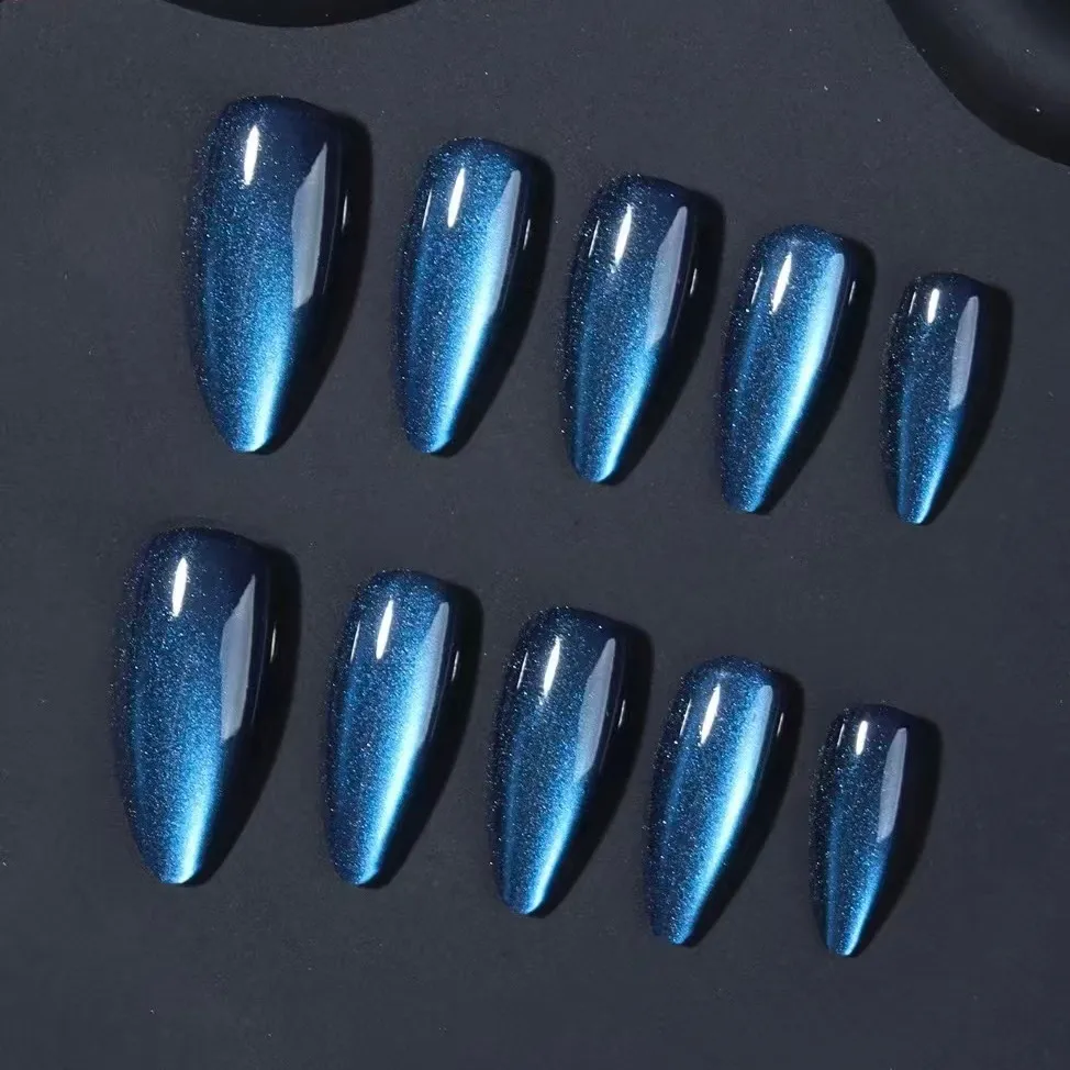Nailhour 24Pcs Royal Blue Cat Eye Nail Art for Autumn and Winter Press On Nails