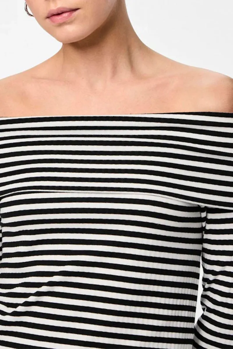 Striped Off The Shoulder Long Sleeve Tops
