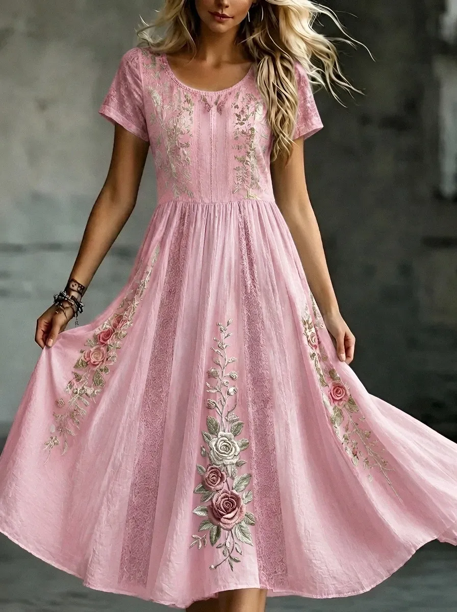 Women's Breast Cancer Awareness Floral Rose Embroidered Printed Dress