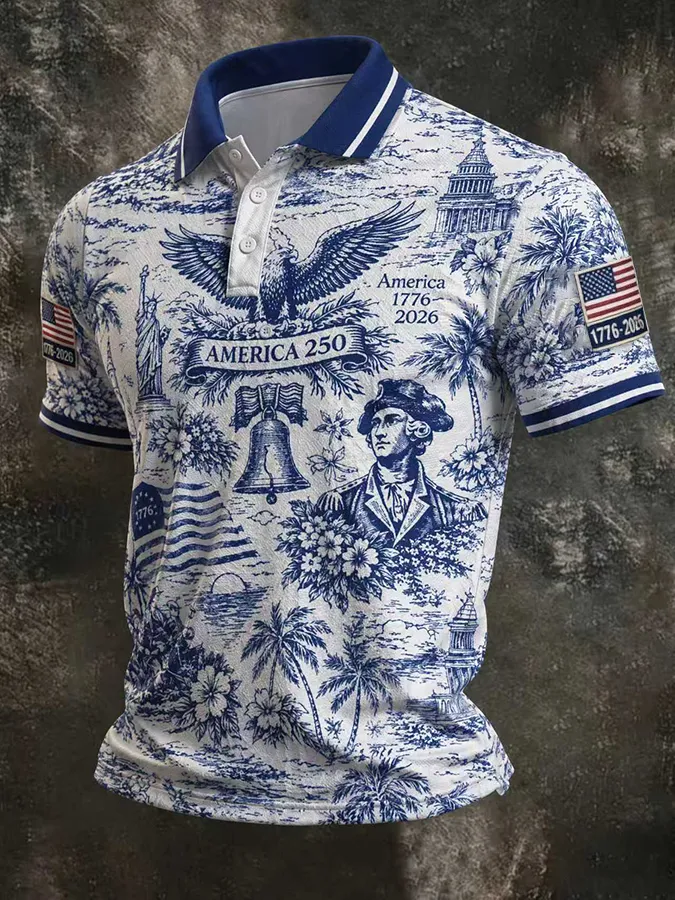 Men'S American Flag Print Casual Polo Shirt