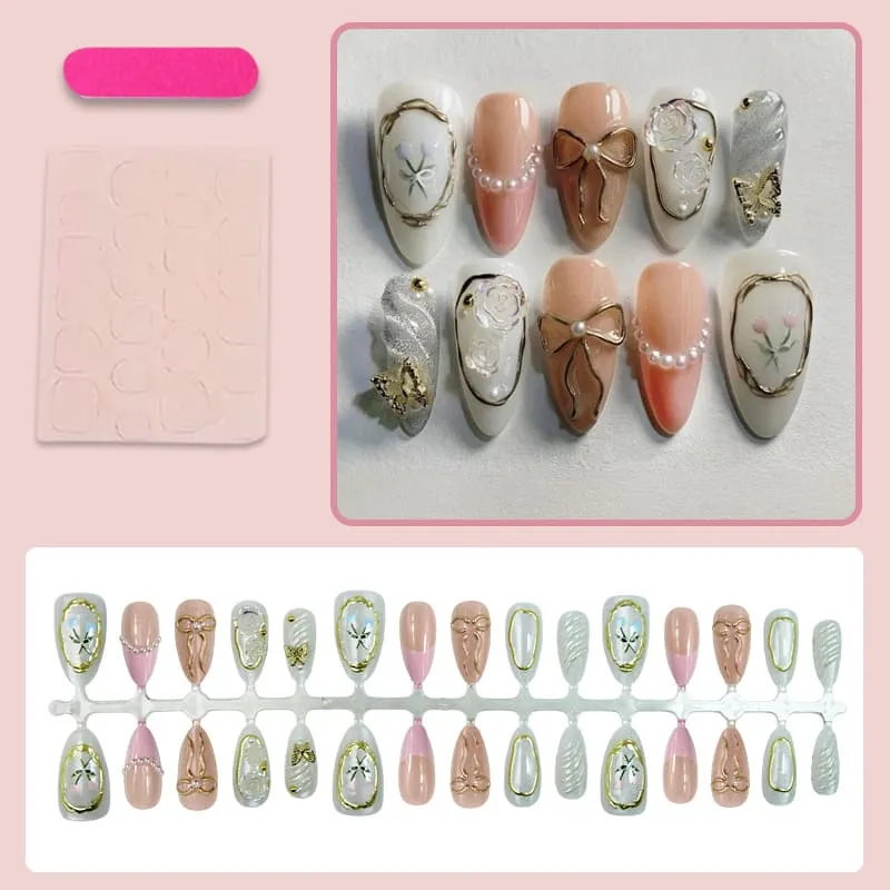 Nailhour 30Pcs Gilded 3D Sweet Medium Almond French Press On Nails