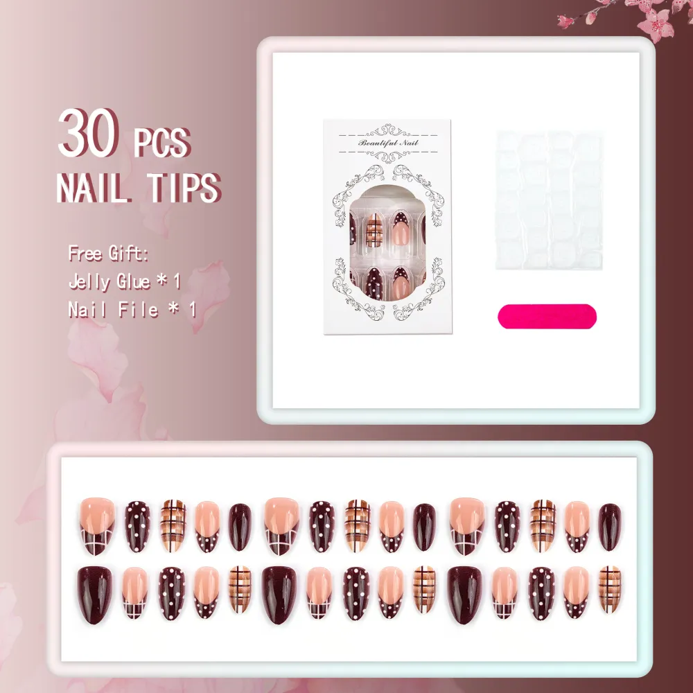 Nailhour 30Pcs Autumn Brown Vintage Short Almond Press On Nails