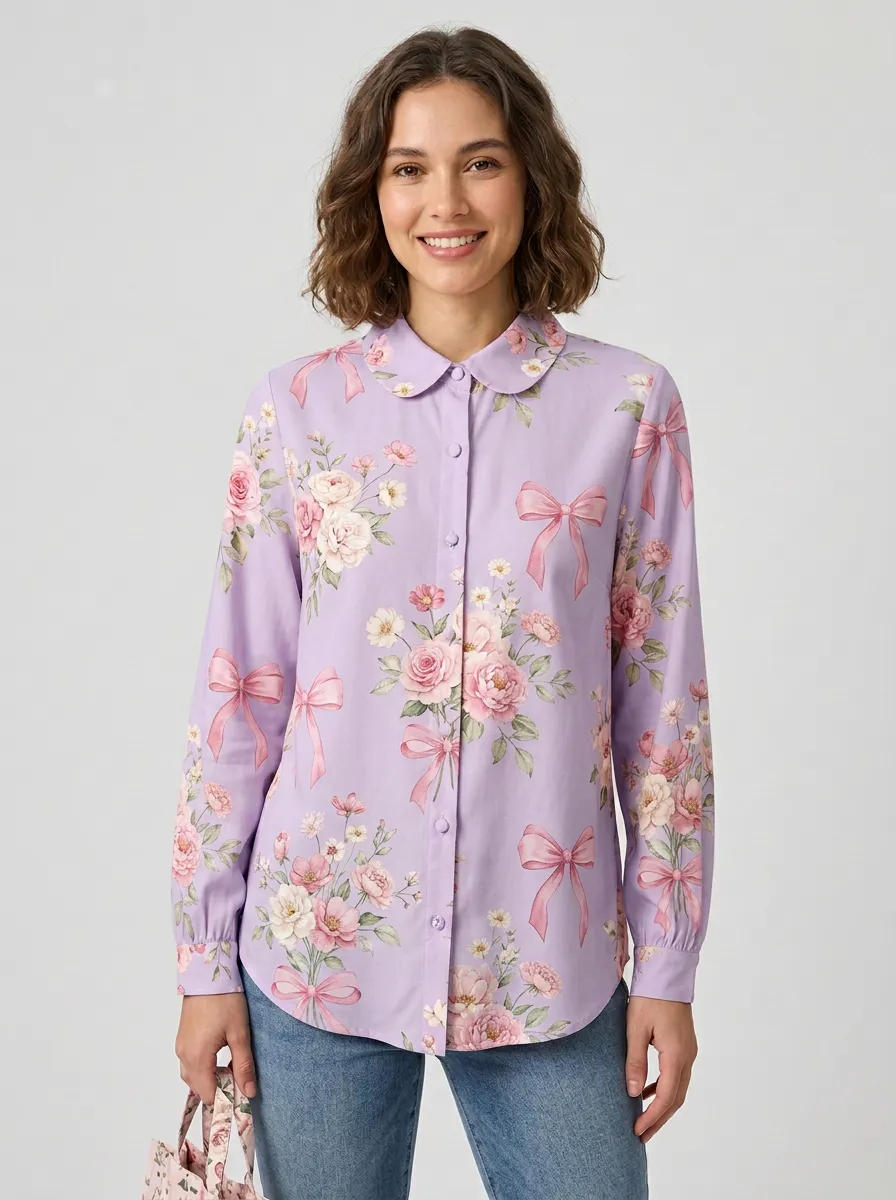 Women's Breast Cancer Awareness Pink Bow Floral Printed Button-up Shirt