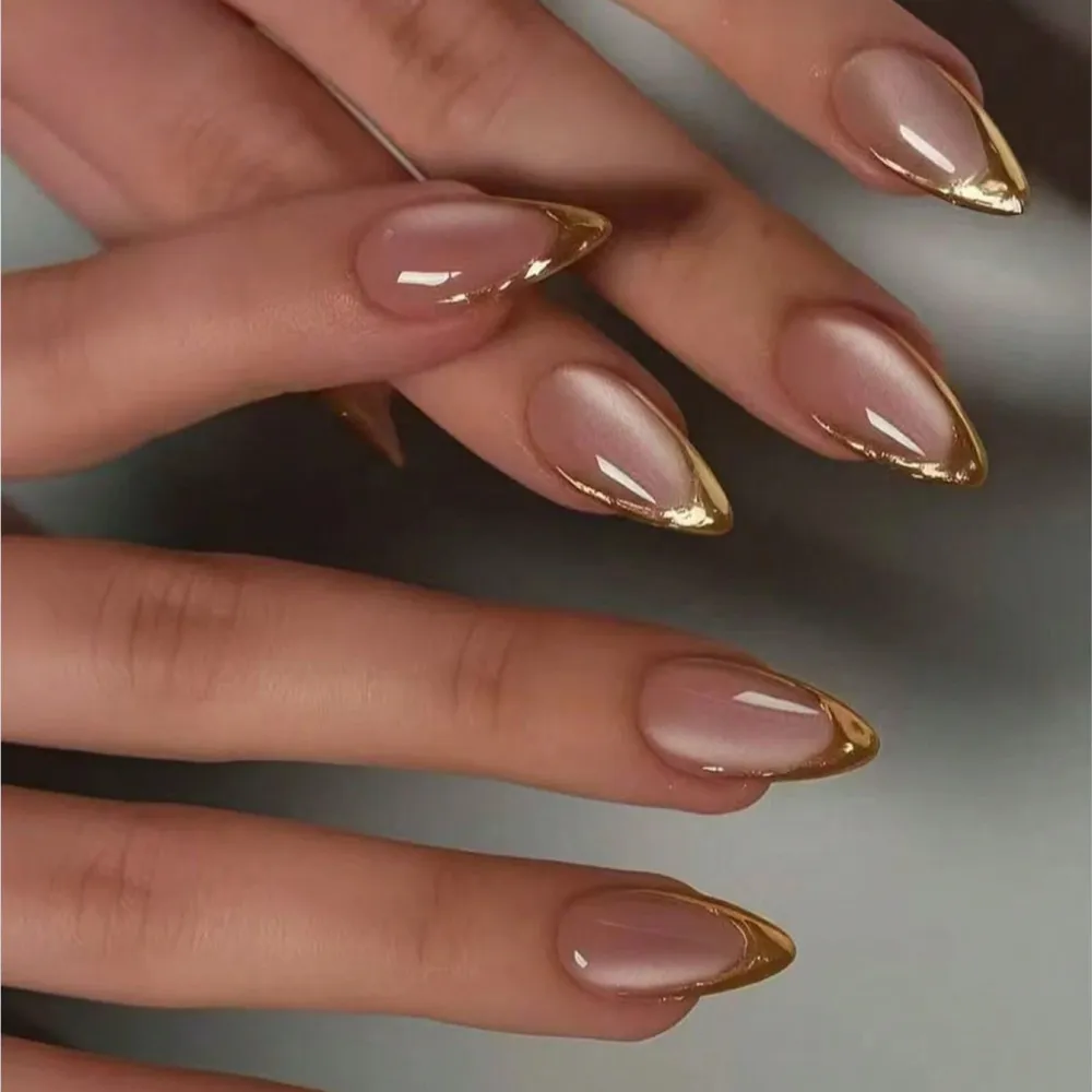Nailhour Minimalist 24Pcs Daily Office Nude Gold French Press On Nails