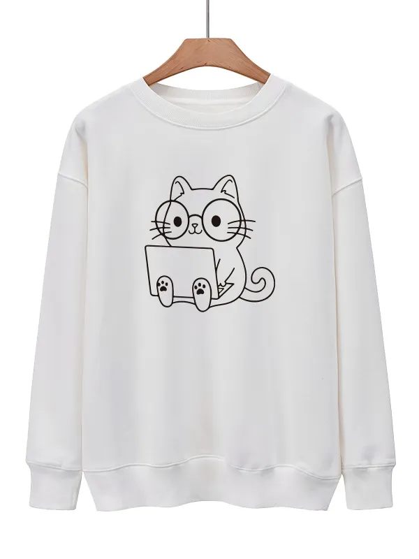 Cute Work Cat Print Long Sleeve Women Sweatshirt