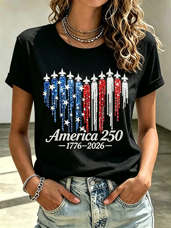 Ladies' Casual American 250Th Anniversary Commemorative Sequin Personalized Printed Round Neck Short Sleeved T-Shirt