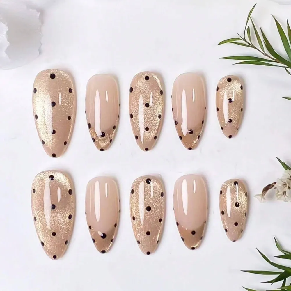 Nailhour 24Pcs French Medium Almond 3D Cat Eye Press On Nails