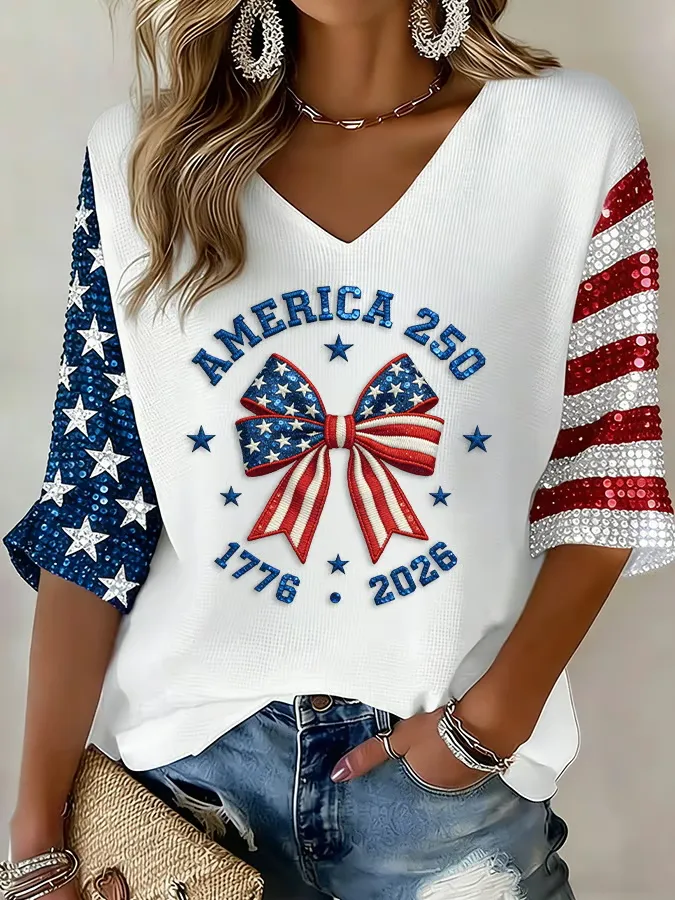 Ladies' Casual American 1776-2026 Anniversary Celebration Printed Half Sleeve V-Neck T-Shirt