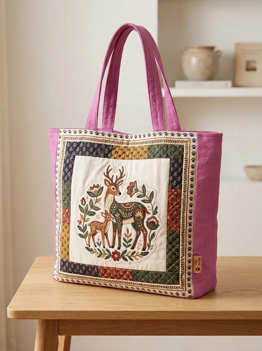 Nature Lover Deer Floral Patchwork Printed Tote Bag