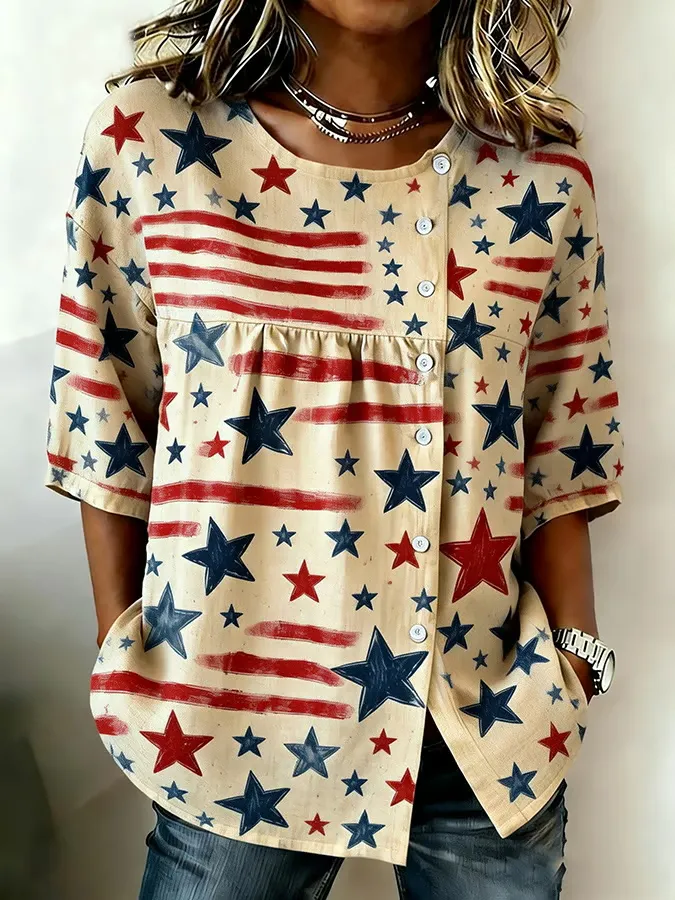 Ladies' Casual American Star Spangled Floral Printed Cotton And Linen Top