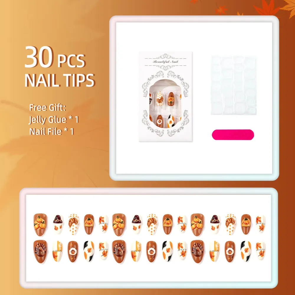 Nailhour 30Pcs Thanksgiving Autumn Medium Almond French Press On Nails
