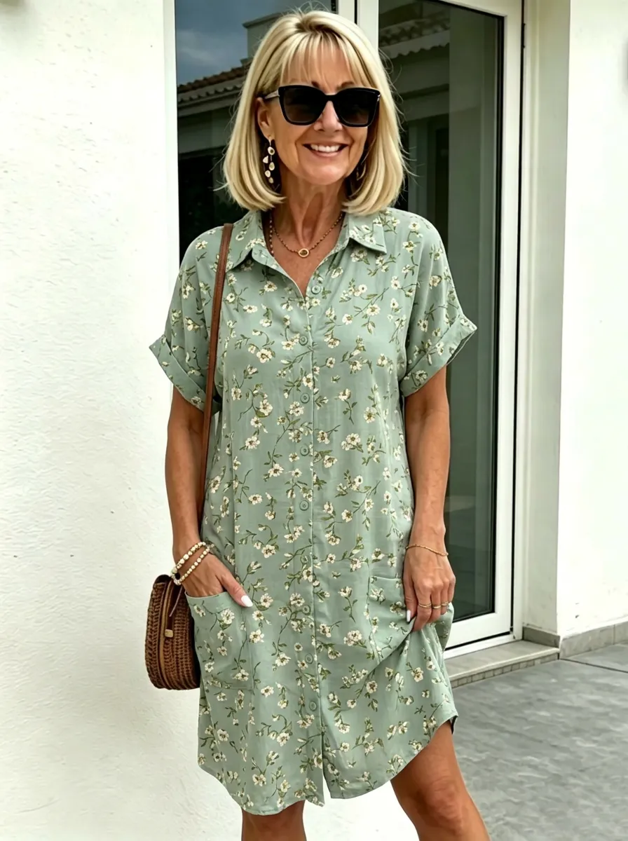 Women's Summer Vacation Sage Green Floral Printed Shirt Dress
