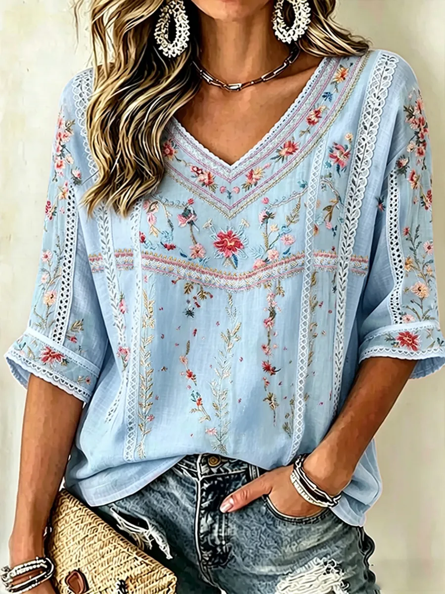 Women's Floral Embroidered Lace Trim V-Neck Blouse