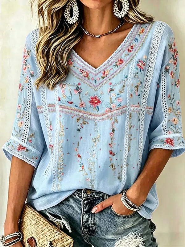 Women's Floral Embroidered Lace Trim V-Neck Blouse