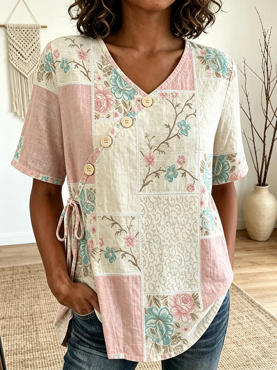 Women'S Boho Floral Patchwork Wrap Blouse with Side Tie