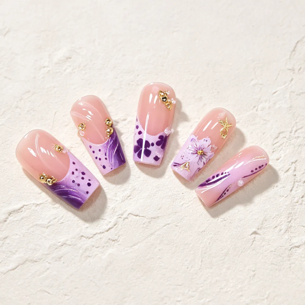 Nailhour 24Pcs 3D Floral French Medium Almond Press On Nails