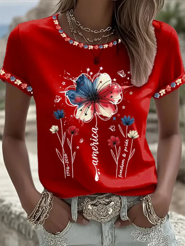 Women'S  America Flag Printed Casual T-Shirt
