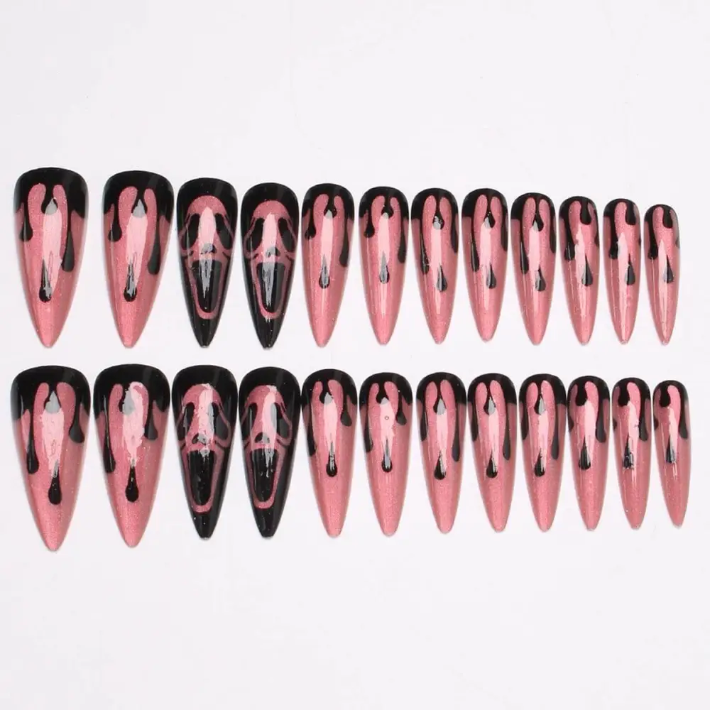 Nailhour 24Pcs Pink Glitter Cat Eye Long Stiletto Press On Nails