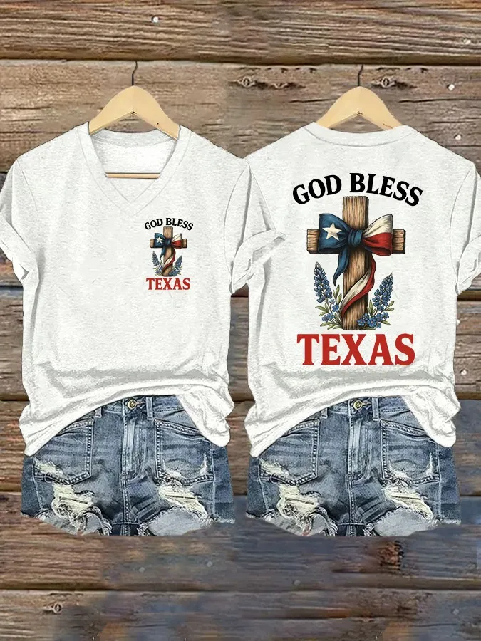 Women's Retro God Bless Texas Cross Print V-Neck T-Shirt