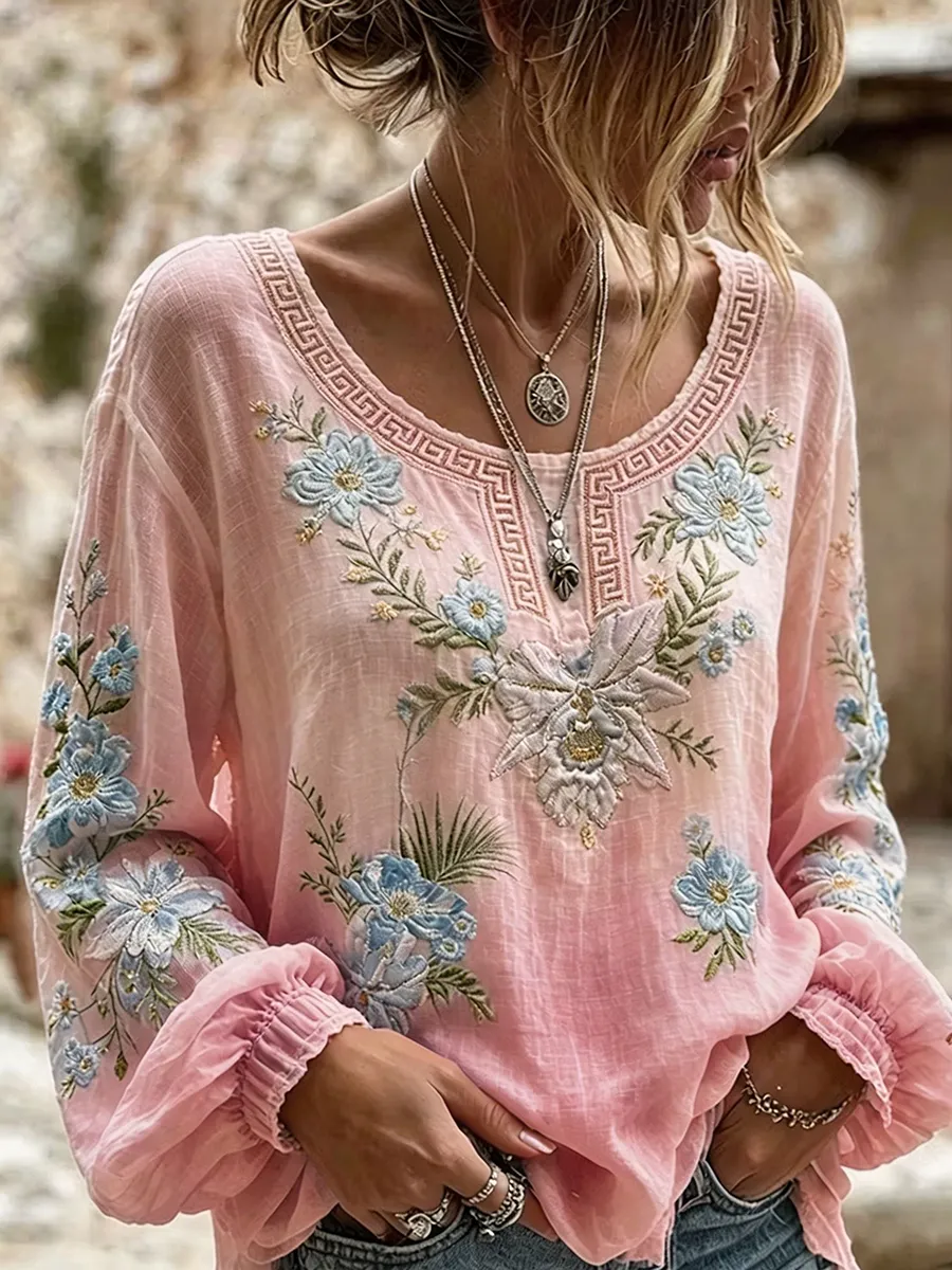 Women'S Floral Bohemian Cotton Linen Blend Printed Top