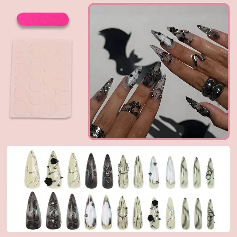 Nailhour 24Pcs Gothic Chrome Long Stiletto Press On Nails