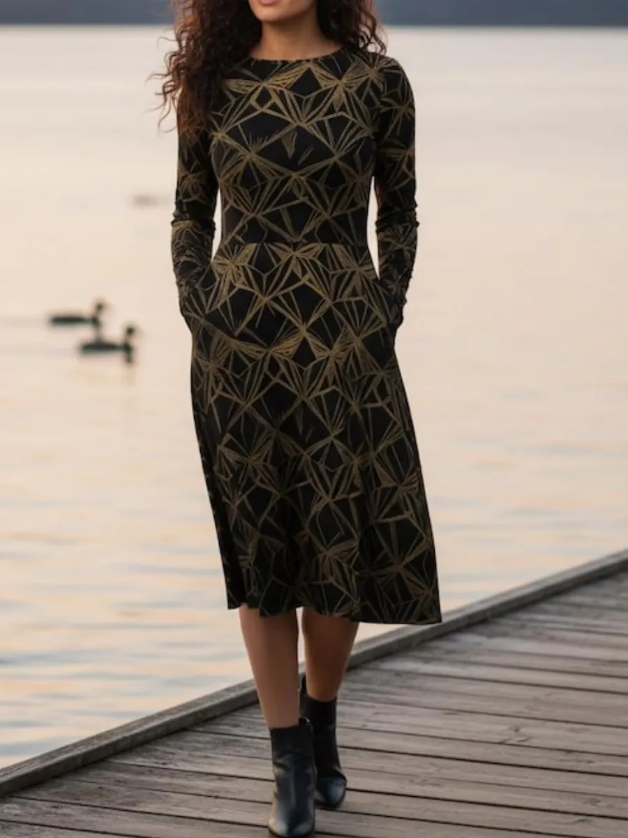 Pocketed Gold Geometric Print Dress