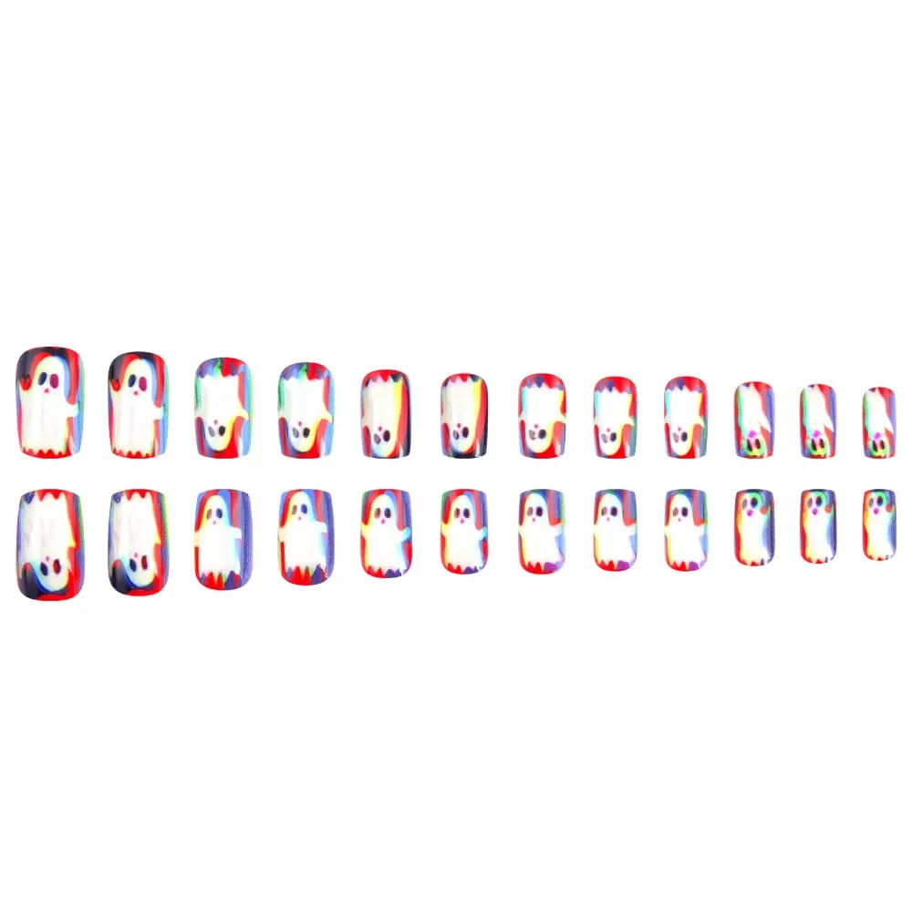 Nailhour 24Pcs Rainbow Double Image Ghost Halloween Short Square Press On Nails