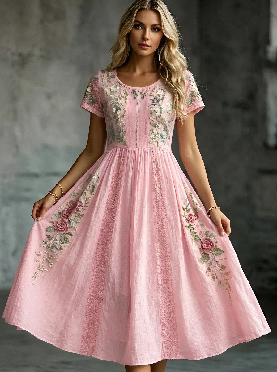 Women's Breast Cancer Awareness Pink Rose Floral Embroidered Printed Dress