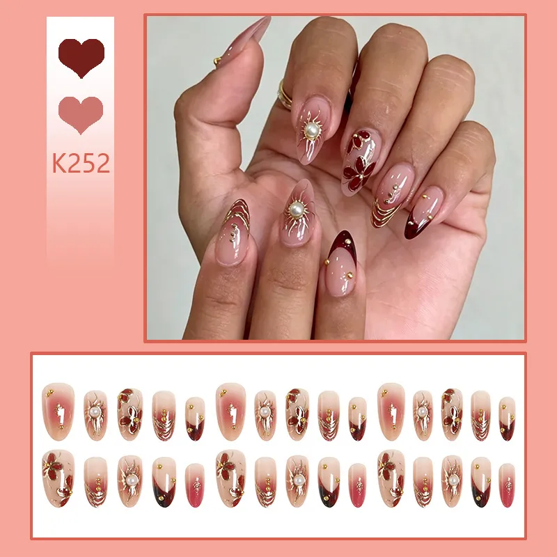 Nailhour 3D Nude 30Pcs Floral Almond Pearl Press On Nails