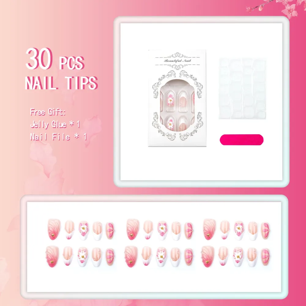 Nailhour 30Pcs Floral Gradient 3D Medium Almond French Press On Nails